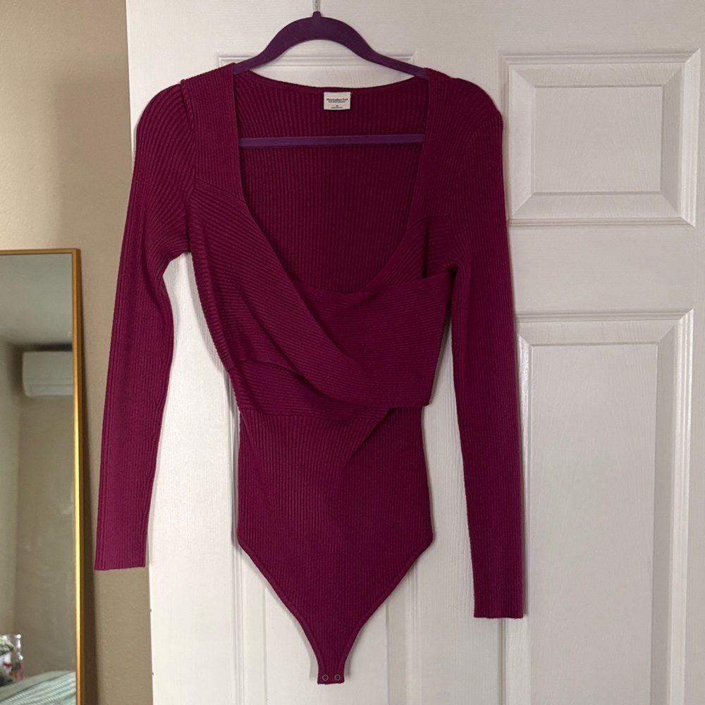Abercrombie & Fitch Ribbed Wrap Long Sleeve Bodysuit - Plum